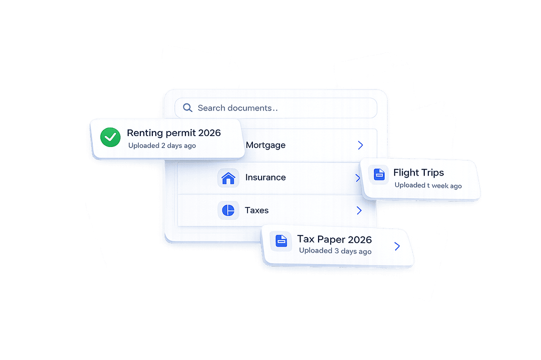 Three document cards stacked in 3D: Car Insurance 2026, Health Insurance Renewal 2026, Tax Paper 2026