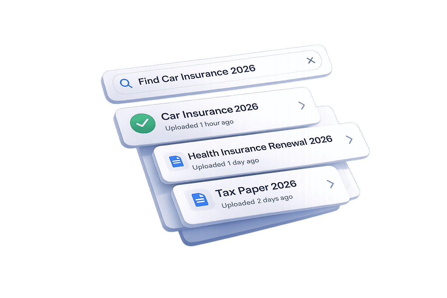 PaperOrg showing document search with Mortgage, Insurance and Taxes categories, with document cards floating around the panel