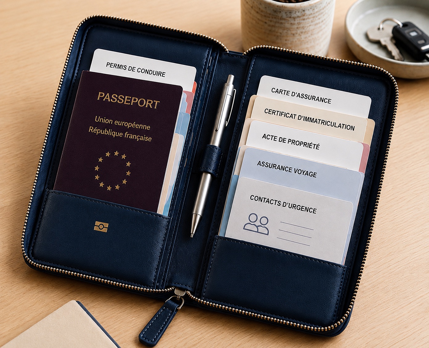 A navy travel organizer holding a European passport, driving licence, insurance card, vehicle registration, house deed and emergency contacts